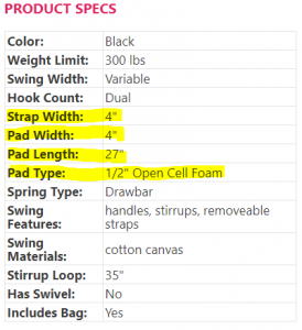 padding sizes and data for swing products