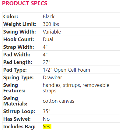 sex swing includes bag specs