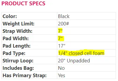 specs sheet showing padding sizes