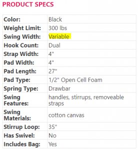 Swing Width Data Specs for products