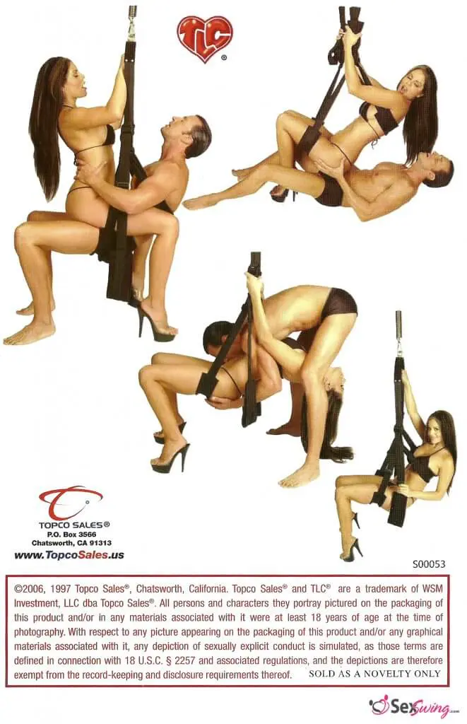 Instruction booklet for the TLC Love Swing page 12 - more sex swing positions and legal disclaimers from topco sales.