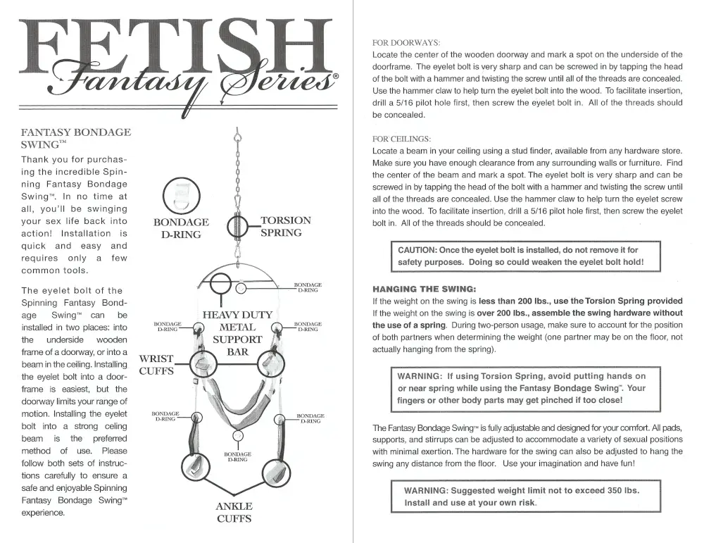 Install instructions for the fetish fantasy series bondage swing